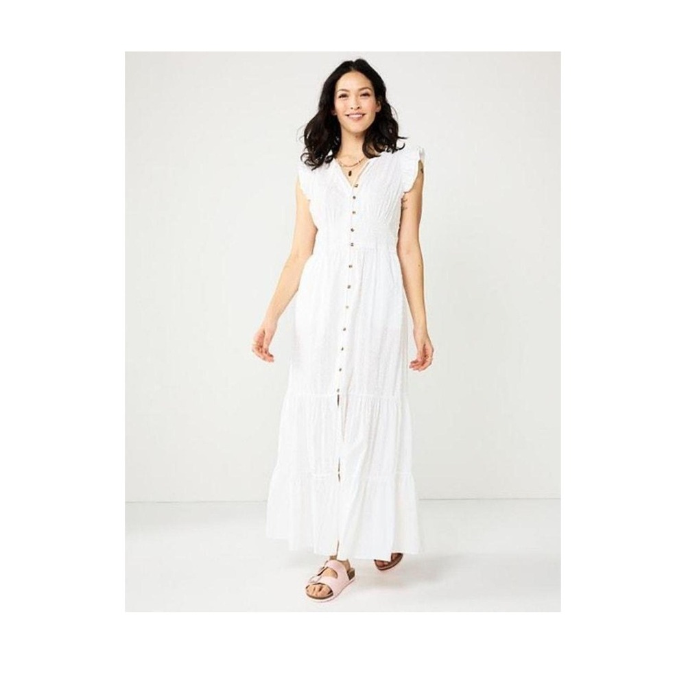 White Swiss Dot Duster Maxi Dress XXL • Ruffle Button Front Boho Smocked
